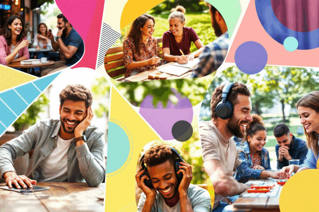 A vibrant collage of different activities (e.g., a person talking in a conversation, writing in a diary, listening to a podcast, and engaging in a role-play)