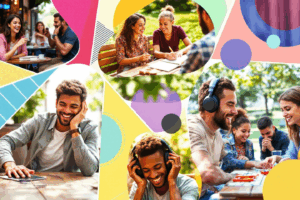 A vibrant collage of different activities (e.g., a person talking in a conversation, writing in a diary, listening to a podcast, and engaging in a role-play)
