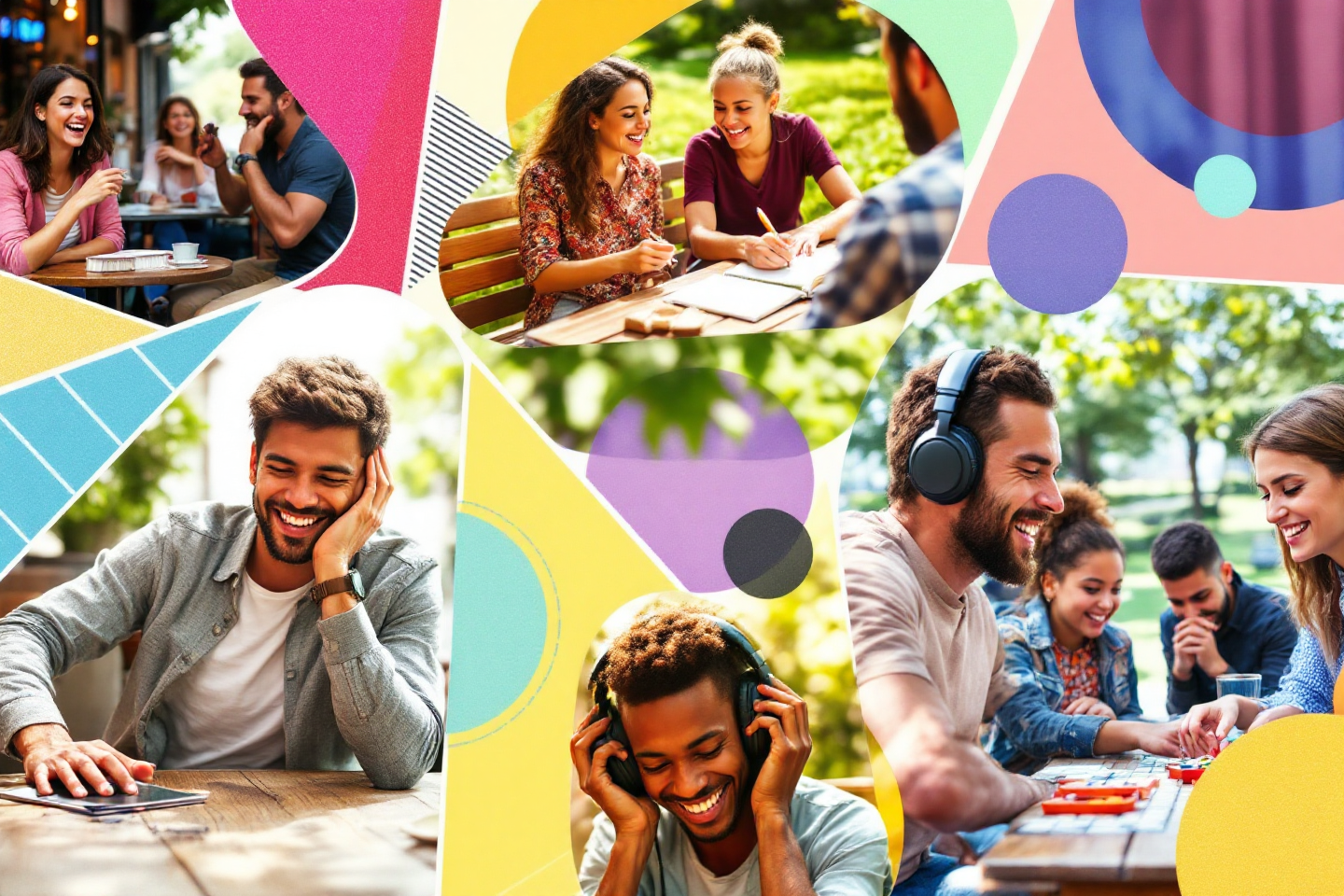A vibrant collage of different activities (e.g., a person talking in a conversation, writing in a diary, listening to a podcast, and engaging in a role-play)