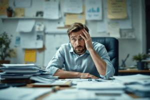 A man in an office filled with scattered documents and whiteboards, showing a frustrated expression.