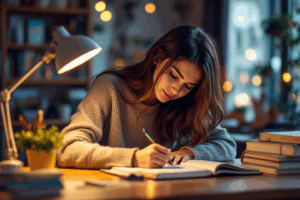 college student sitting at their desk, writing about their day in a diary or journal
