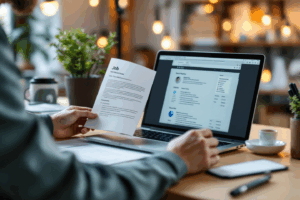 A creative professional sitting at a tidy desk before a virtual job interview, reviewing a printed salary research report, with a laptop open to a resume and portfolio.