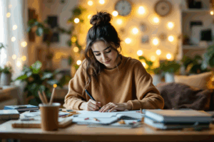 A college student studying in her room preparing for exams