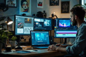 A creative working on a high-end visual effects project with 3D software, surrounded by concept art and advanced tools, while another edits a basic social media reel on a laptop