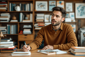 A visual of a person confidently speaking or writing,