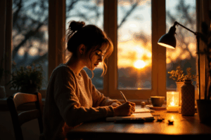 Person journaling at a cozy desk by the window during a sunset