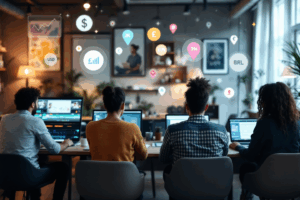 A diverse group of video editors working in different environments around the world—one in a sleek New York office, another in a cozy Tokyo apartment, a third in a café in São Paulo, and another in a creative coworking space in Berlin. Each editor has a laptop open to a project timeline, and floating above them are symbols of currency (USD, EUR, JPY, BRL), salary charts, and location pins—representing the global variation in earnings and work styles in the video editing profession.