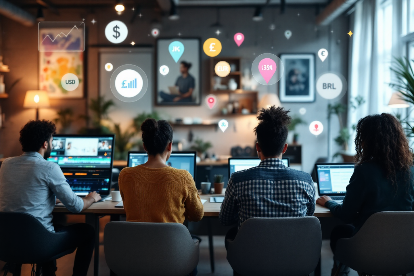 A diverse group of video editors working in different environments around the world—one in a sleek New York office, another in a cozy Tokyo apartment, a third in a café in São Paulo, and another in a creative coworking space in Berlin. Each editor has a laptop open to a project timeline, and floating above them are symbols of currency (USD, EUR, JPY, BRL), salary charts, and location pins—representing the global variation in earnings and work styles in the video editing profession.