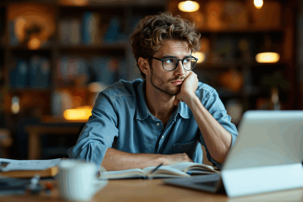 A thoughtful student sitting at a desk