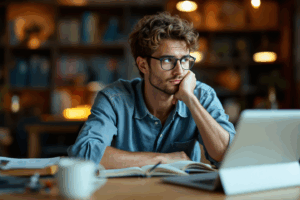 A thoughtful student sitting at a desk