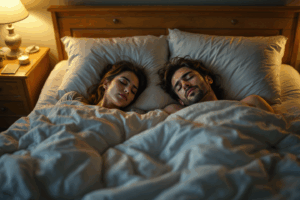 A couple lying in bed, tossing and turning with tired expressions. 