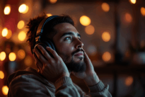 A person listening to a podcast on headphones