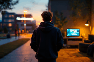 A young aspiring video editor standing at a crossroads, with two distinct paths ahead: one leading to a modern campus building with a sign that reads “Film & Media School,” and the other to a cozy home setup with a laptop open to an online editing course. 