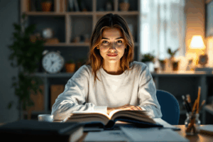 A young woman sitting at a desk late in the evening with a clock showing 9 PM, surrounded by open books and notes.