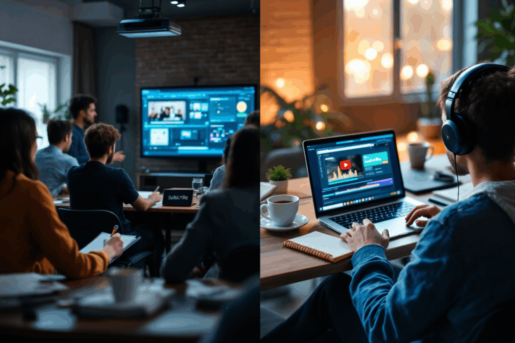 A split scene showing two learners: on the left, a student in a traditional classroom setting at a media school, seated among peers, taking notes while a teacher explains video editing software on a projector; on the right, an independent learner at home in a cozy setup, watching an online video editing tutorial on a laptop with headphones, surrounded by coffee, notebooks, and a YouTube “subscribe” icon—highlighting the contrast between formal education and self-paced online learning.