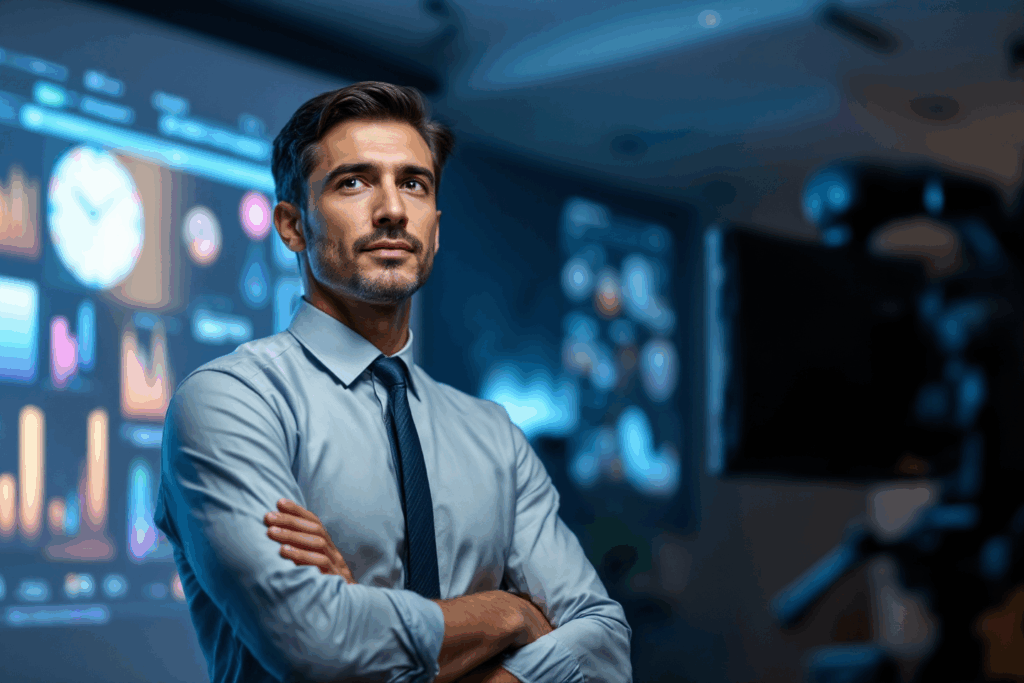 A business professional standing in front of a projector screen