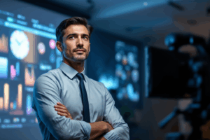A business professional standing in front of a projector screen