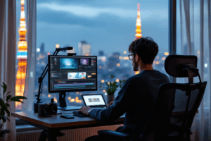 A video editor in a stylish Tokyo apartment or creative studio, seated at a dual-monitor setup showing animation software and a project timeline. Outside the window, Tokyo Tower glows in the distance.