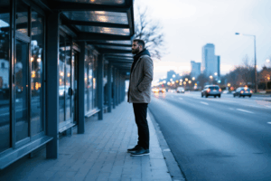 Man just arriving at a nearly empty bus stop, casually glancing down the road