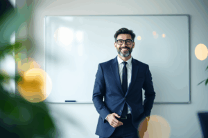 A business professional standing in front of a whiteboard