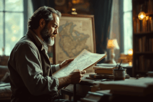Historian in a library looking at old maps and documents