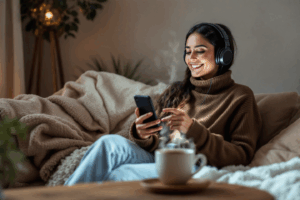 A person listening to a podcast or watching a movie, with dialogue bubbles showing the Present Perfect Continuous tense being used in various contexts.