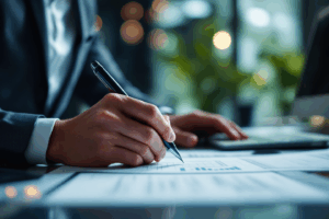 A business professional editing a report on a computer