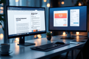 A digital workspace showing three screens: one with a full-time job contract, another with a gig listed on a freelance platform, and the third showing a part-time pay stub.