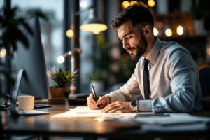 A business professional sitting at a desk, drafting an email