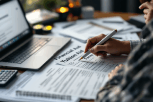 A worried student reviewing tuition bills and financial aid forms at their desk, surrounded by loan paperwork, a calculator, and a laptop open