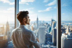 A young professional in a modern high-rise office in New York City looking out the window at the skyline