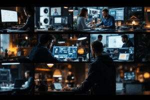 A montage of professionals from different countries working on creative tasks—some in modern studios, others in home offices