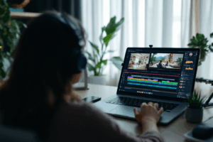 A Filipino video editor working from a home office in Metro Manila, editing a digital campaign on a mid-range laptop.