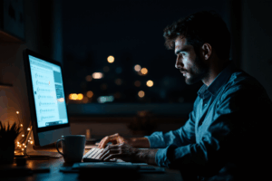 A man in a dimly lit office with a computer screen glowing.