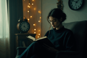 A person sitting in a cozy chair with an open book, surrounded by dim lighting and a clock showing time passing