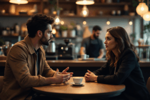 A scene from a TV show where characters are speaking to each other
