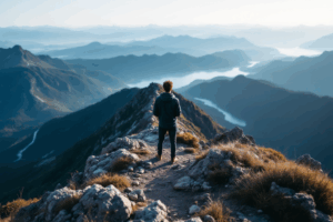 A person standing on a mountain top with a clear view of the horizon