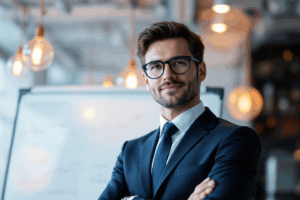A business professional standing in front of a whiteboard