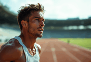 A runner on a long track, sweat visible on their face