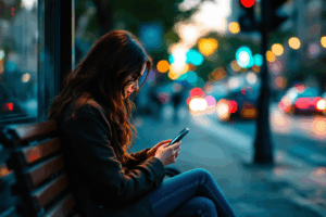 A woman sitting on a bench at a bus stop, looking at her watch.