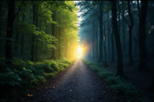 Path through a forest changing from night to day, symbolizing progress