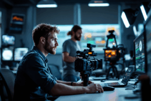 A student working with professional video cameras and editing equipment in a school lab, under the guidance of an instructor.