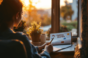A young creative professional sitting by a window at sunrise, reviewing their personal journal titled “My Editing Journey” and a vision board