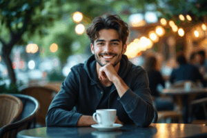 college student sitting at a café table