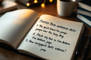 A notebook or computer screen displaying writing exercises with sentences using the Present Perfect Continuous tense, highlighting actions that are currently ongoing or recently completed.