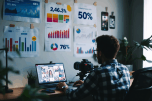 A person editing a TikTok-style vertical video for a digital campaign, while industry trend charts and mobile engagement stats are pinned to the wall—showing how trends in digital consumption influence editor demand and earnings.