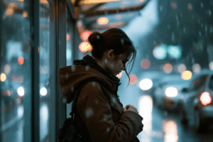 Woman standing at a bus stop in the rain, looking at her watch