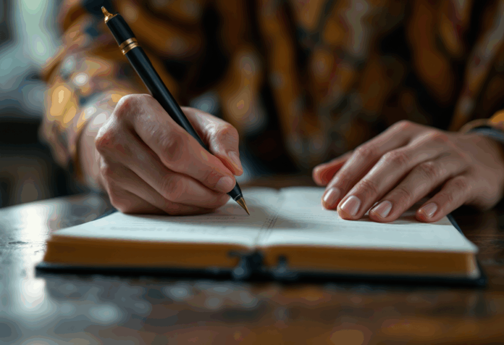 A person writing in a notebook, with a clock in the background