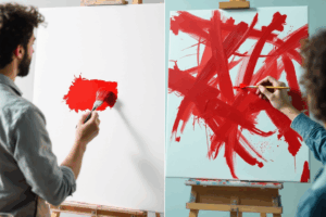 A split image with one half showing someone beginning an action (e.g., starting a painting) and the other half showing them continuing it, representing the continuous nature of the action.