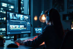 A video editor working late in a sleek, modern studio in Seoul. Their dual-monitor setup shows a K-pop music video timeline on one screen and a salary dashboard or budgeting app on the other. 